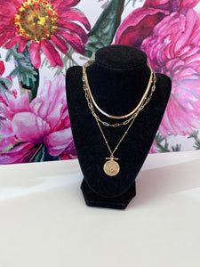 Gold Circle Pendant Layered Necklace